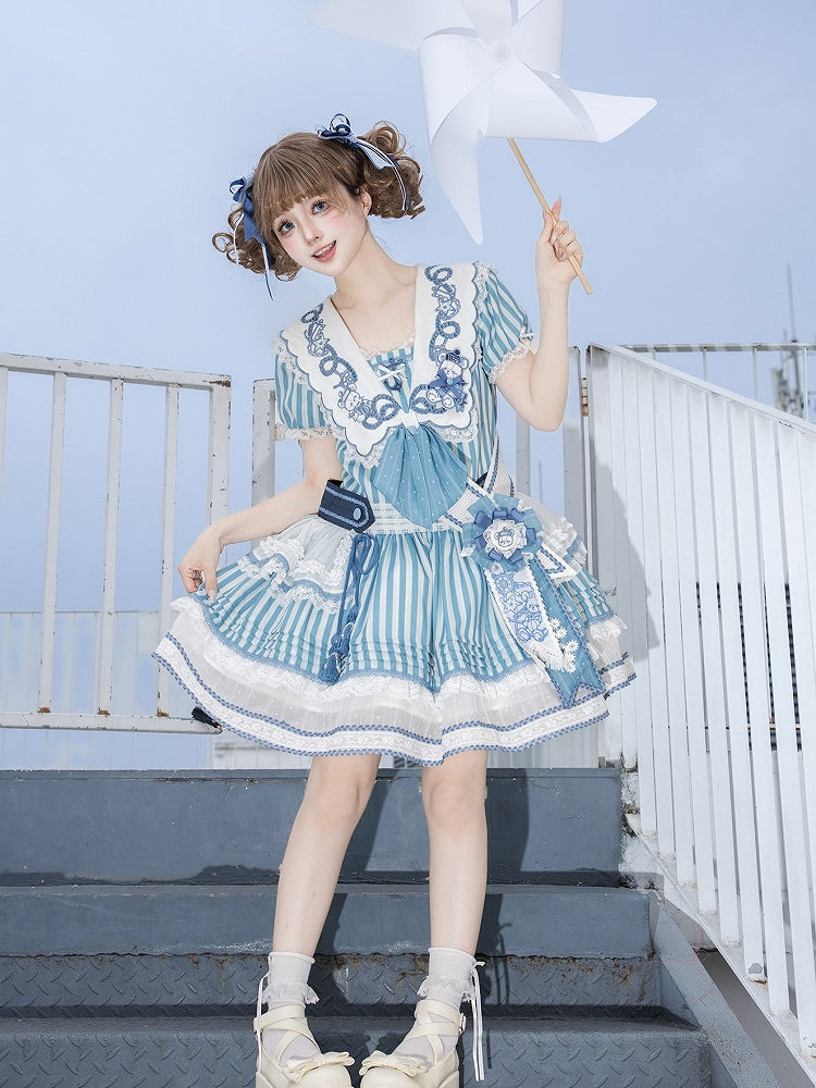 Light Blue Striped Low Waist Sailor Dress with Embroidery - Twin Bear Original Design