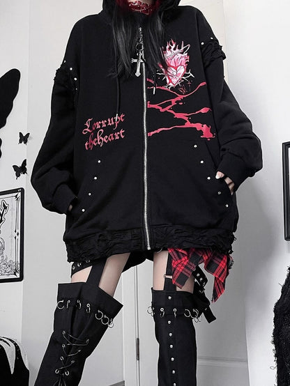 Zip-up Studs And Kawaii Guro Hoodie Cat Decorated Letter Black Ear Print Heart