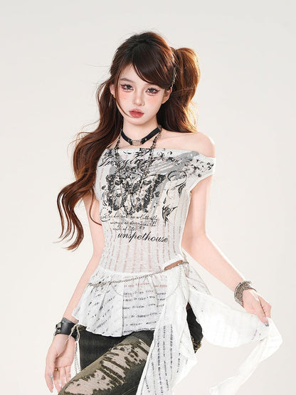 カットアウトウエストホール、バタフライプリント、カスケーディングフリル、ダメージ加工