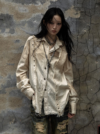 Distressed Shirt Cotton-linen Vintage Punk White