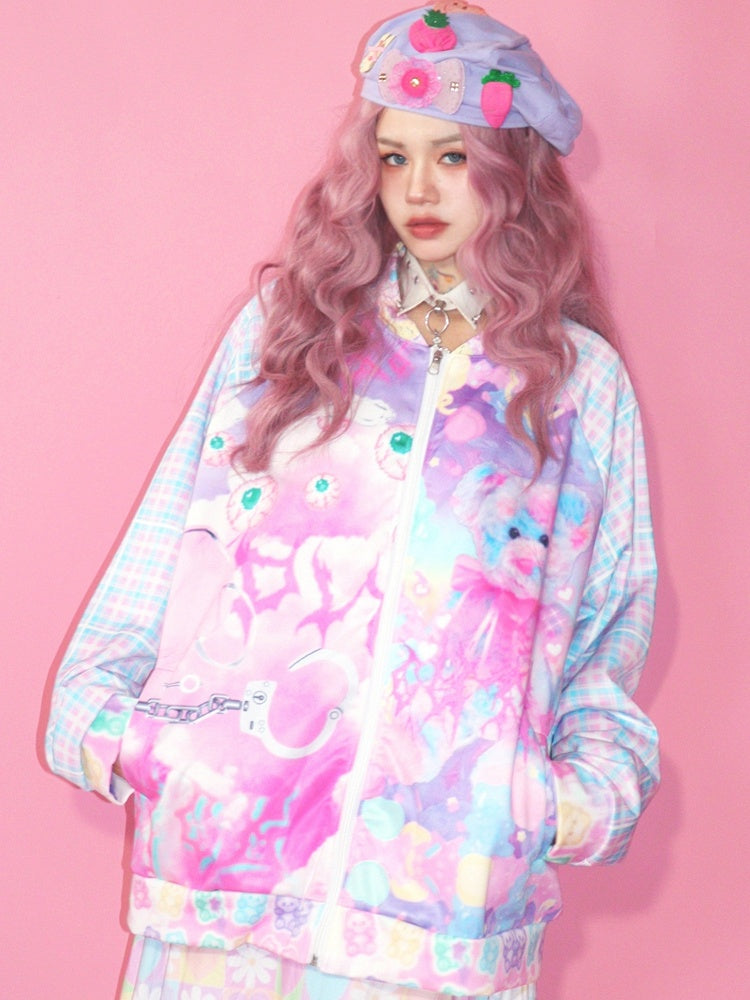 アイジャケット かわいいチェック柄クマとカラフルなパターングロプリント