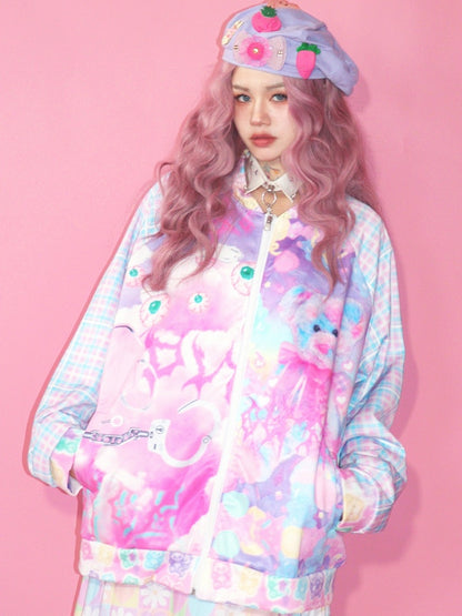 アイジャケット かわいいチェック柄クマとカラフルなパターングロプリント