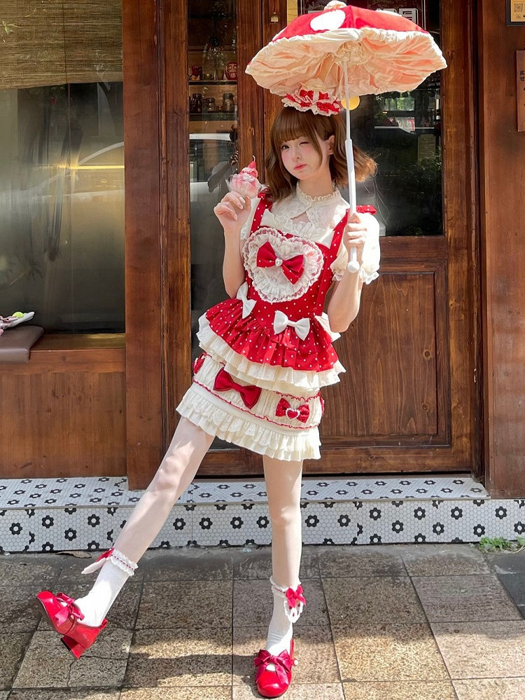 Polka Cami Sleeves Sweet Puff Bow + Accents Skirt Lolita Set Top Cropped Dots Red - Full
