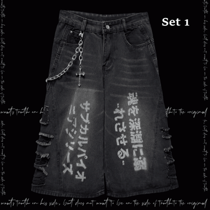 穴あき裾パンクフェードウォッシュダメージ加工ダークワイドレッグジーンズグレー