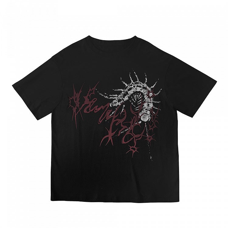 Print Dark Gothic T-Shirt with Centipede Aesthetic White/Black