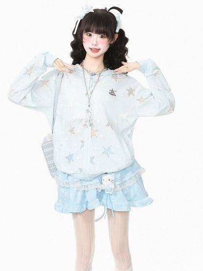 Breathable Blue Hooded Star Print Jacket - Languid Park