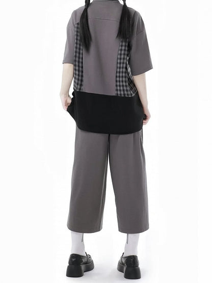 ジッパー付きグレーのチェック柄パッチワークドローストリングウエストパンツディテール