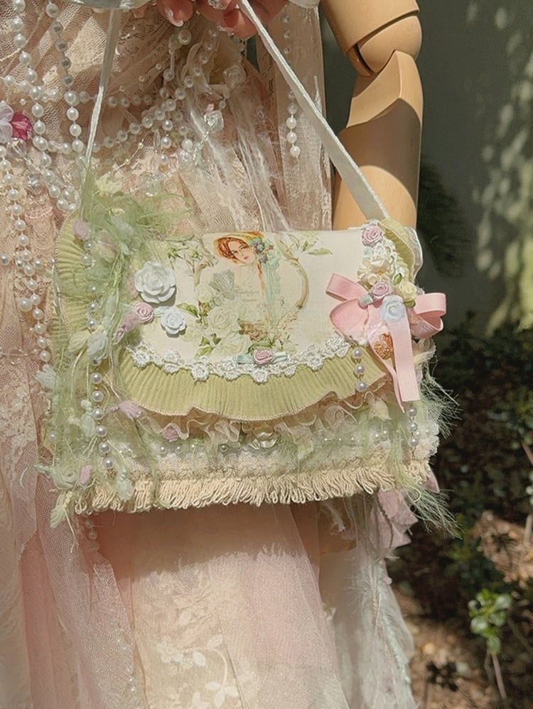 ライトグリーンの花柄フェザー装飾ショルダーバッグ