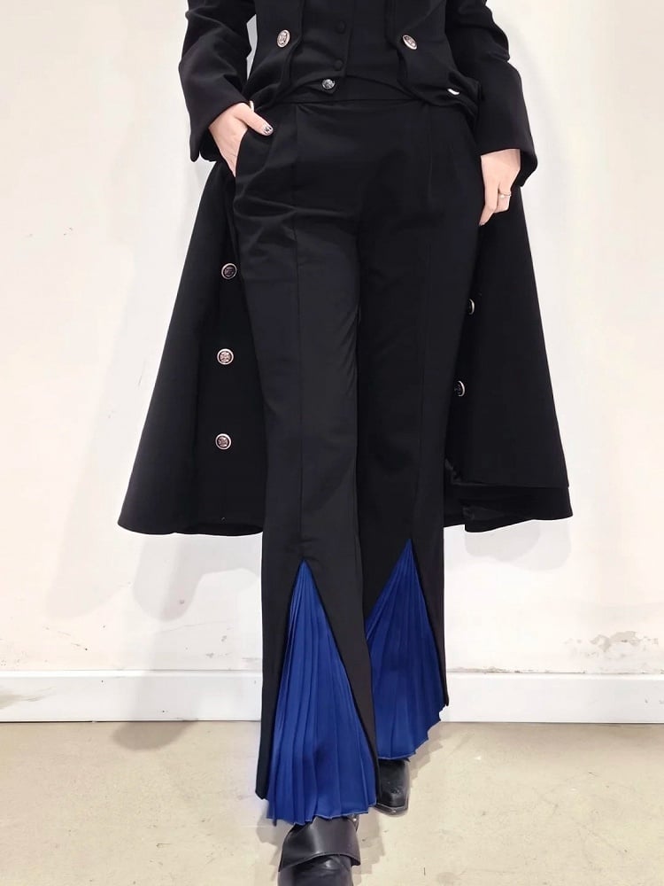 Lolita ) + Cuffs Pants Blue ( Dark Pleated Ouji Detachable Black with Foldover Red High Waist