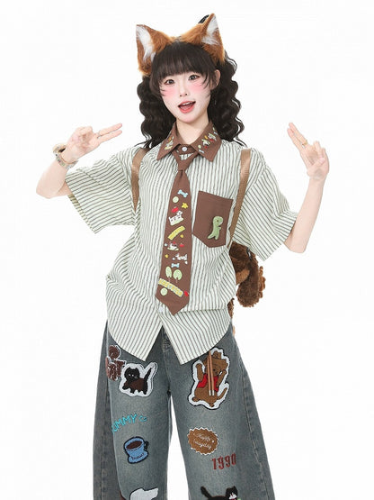 Green Striped Puppy Embroidered Tie Shirt - Languid Park