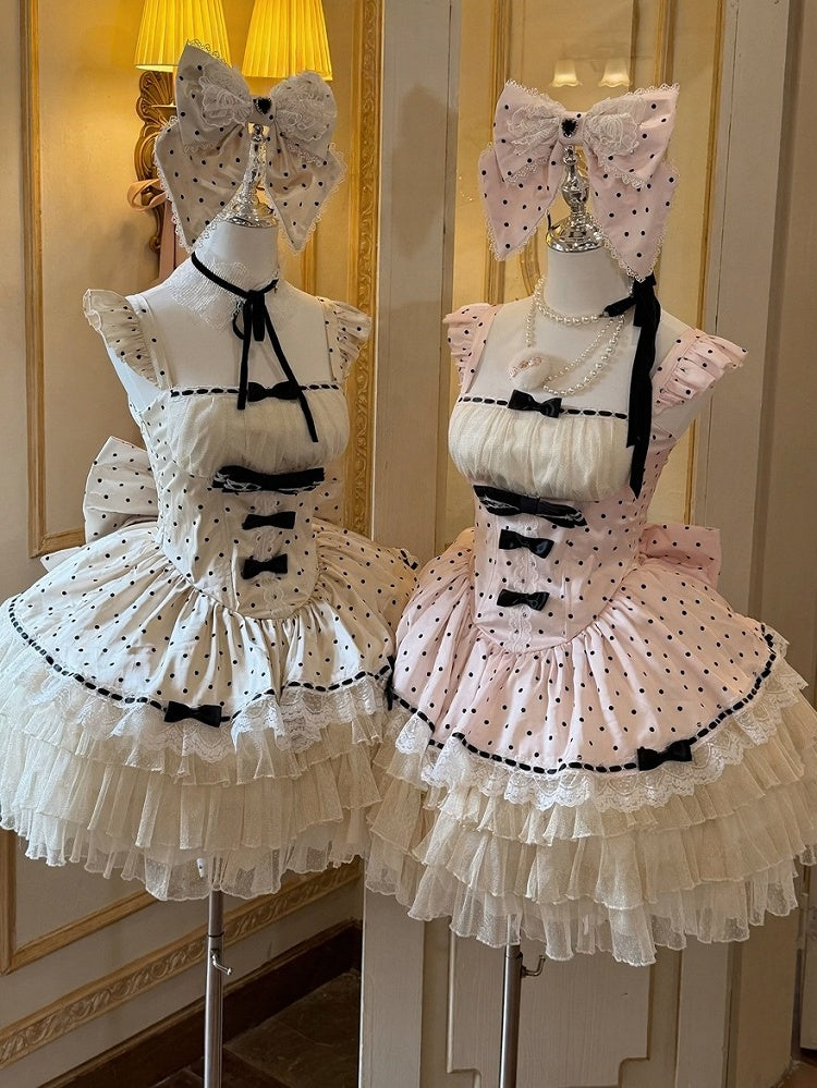 Pink Layered Ruffle Lolita Jumper Dress with Bow and Polka Dots - Diamond Honey