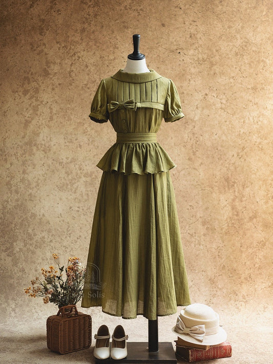Chic Forest Green Summer Two-Piece with Bow Accents and Frilled Trim - Forest Wardrobe
