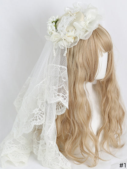 Lace Hat Bowknot Lolita Mini Star-patterned Gorgeous Veil Beige +