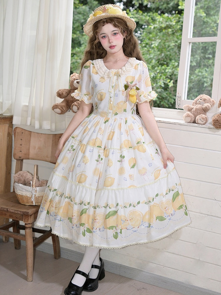 Chick Sleeves for Short Summer White Lolita Dress Print and Lemon Spring
