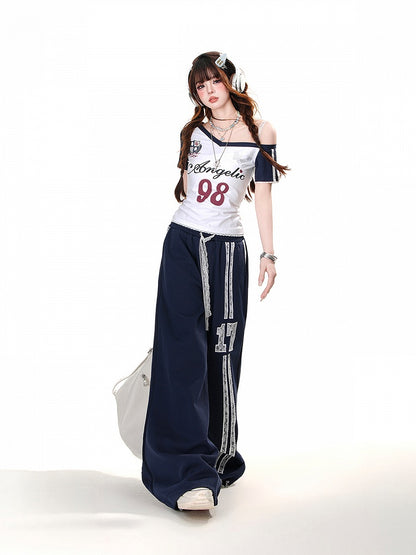 Waist Sports Navy Blue Elastic Waist Lace Drawstring Wide-Leg Pants