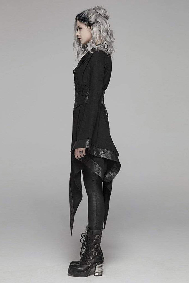 Black V-Neck Metal Buckle Waist Lace-Up Flare Sleeve Wave Print Asymmetric Hem Kimono Punk Dress