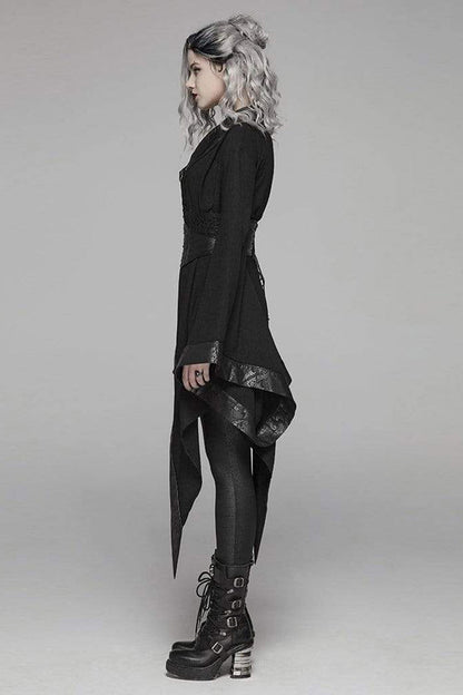 Black V-Neck Metal Buckle Waist Lace-Up Flare Sleeve Wave Print Asymmetric Hem Kimono Punk Dress