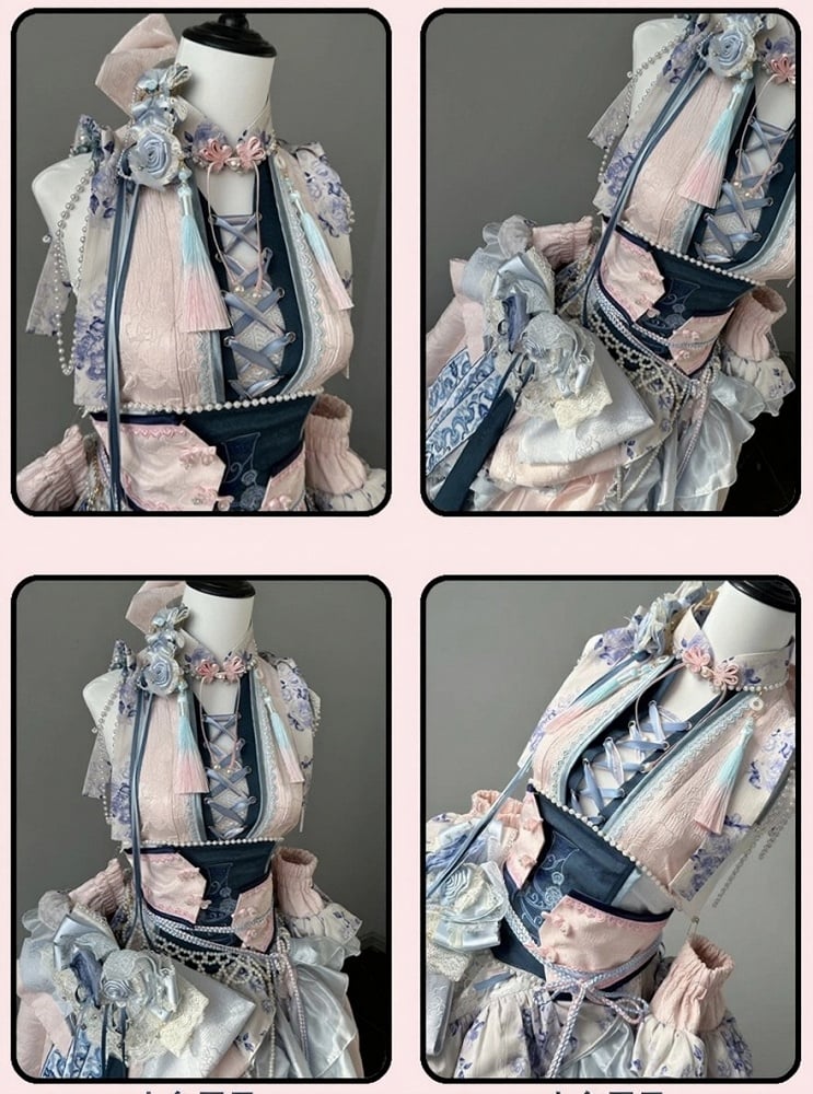 Porcelain Theme Asymmetrical Flounce Hem Lolita Dress Set with Detachable Sleeves - Your Highness