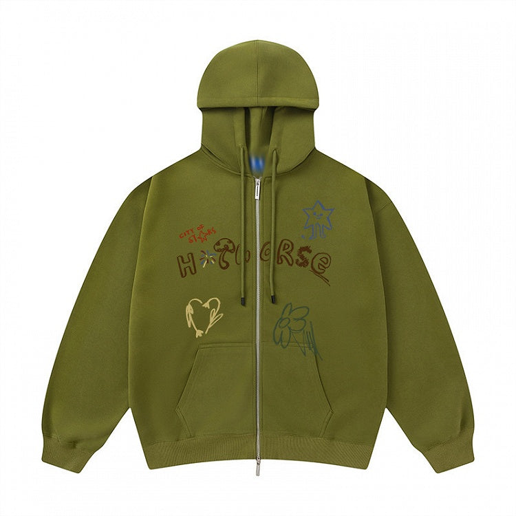 Print Zip Olive Hoodie Placket Kawaii Hood - Drawstring Green Letter Two-way