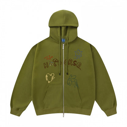 Print Zip Olive Hoodie Placket Kawaii Hood - Drawstring Green Letter Two-way