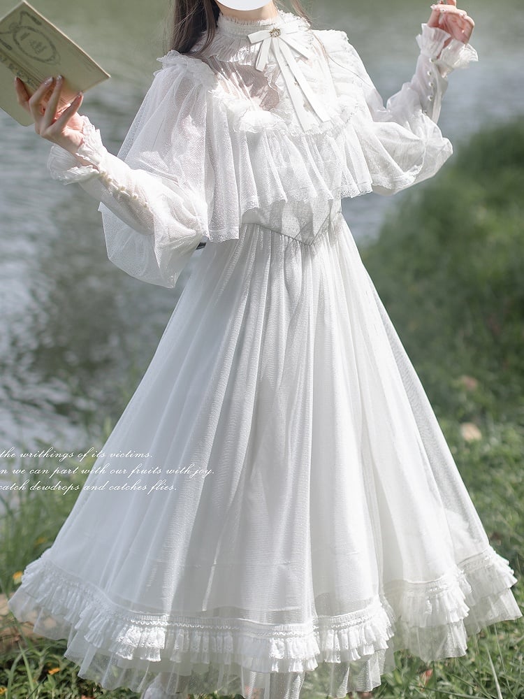 Lolita Classic Ethereal Tulle Dot All-White Style Sleeve Shiro in Cape Dress: