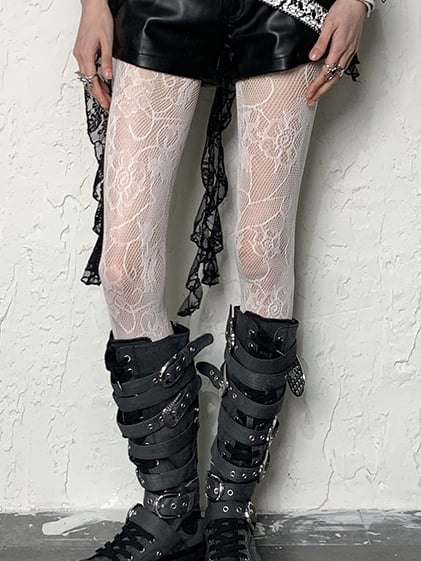 パターン ホワイト/ブラック/グレー タイツ 花柄 Y2K