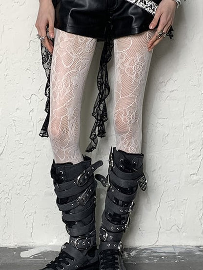 パターン ホワイト/ブラック/グレー タイツ 花柄 Y2K