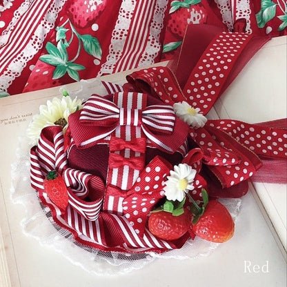 Rotweiß/Schwarz/Rot Verzierter Hut und Details Blumenspitze Erdbeere Minibesatz Schleife