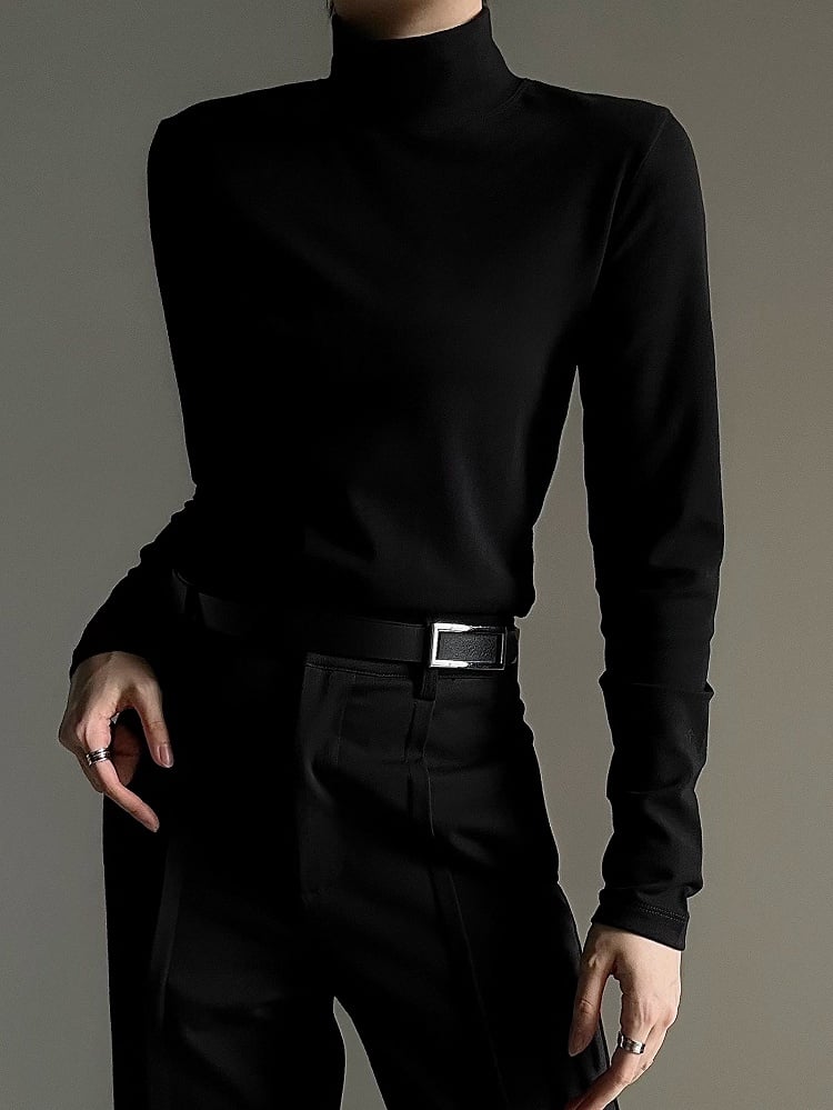 Black with Sleeve Neck Top Slim-fitting Soft Mock Prince Long Fleece Lining