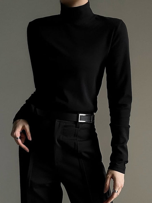 Black with Sleeve Neck Top Slim-fitting Soft Mock Prince Long Fleece Lining