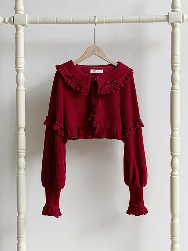 Winter Autumn Ruffle for Cardigan Cropped Red and Trimming