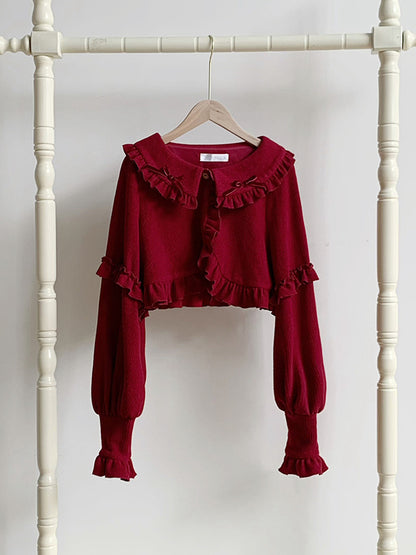 Winter Autumn Ruffle for Cardigan Cropped Red and Trimming