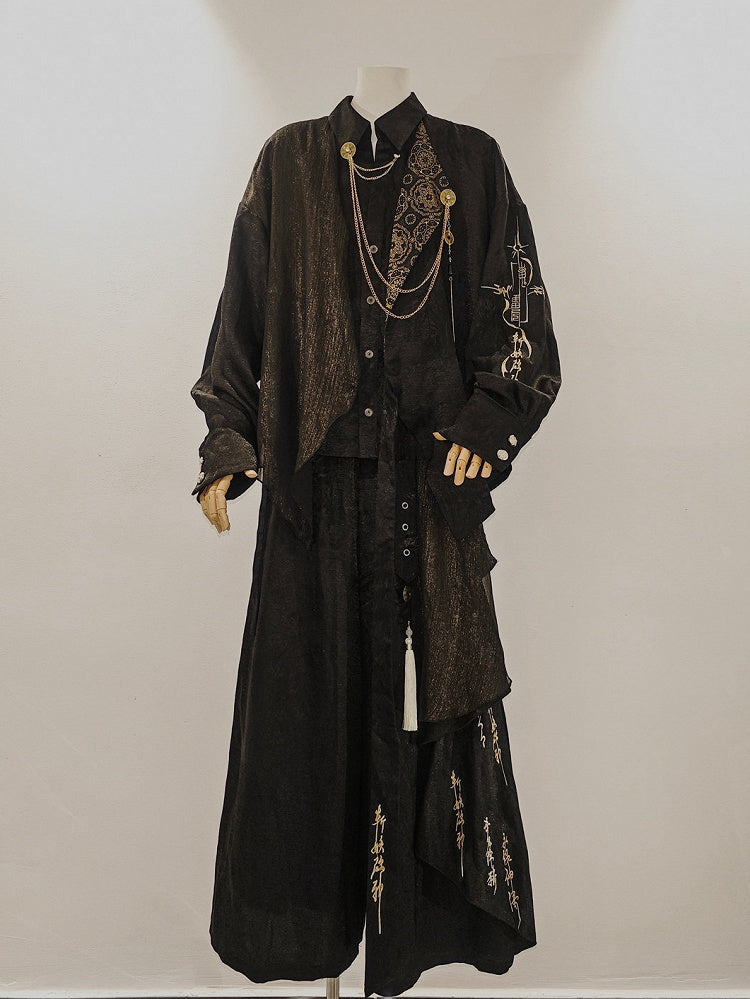 Gothic Chinoiserie Lolita Long Sleeve Blouse and Wide Pants Ensemble - YING YUE