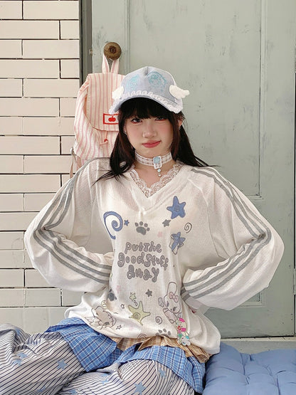 White/Blue Sheer Lace V-Neck Long Sleeve Top with Cartoon Print - Solkatt