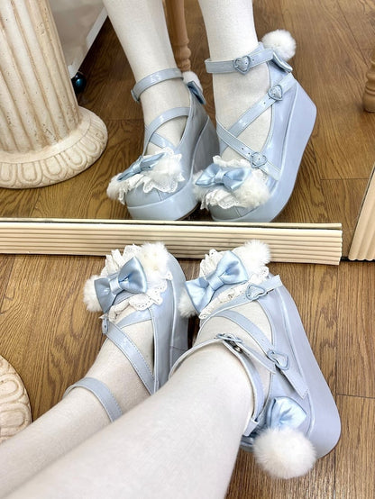 Blue Design at Decorated Top Bow Pompon Plush With Ear Crisscross Platforms Bunny