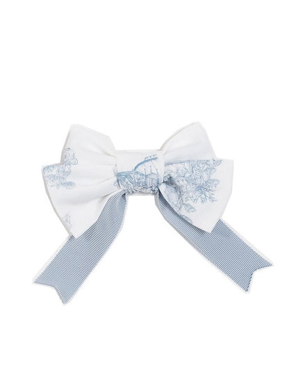 White Blue Floral Print Bow Hair Clip with Stripe Pattern - CEL
