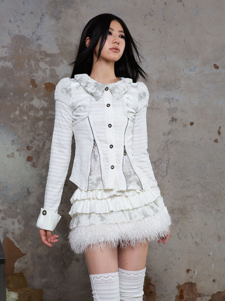 Punk with Fur White A-Line Trim Elastic Waist Tiered Skirt Faux
