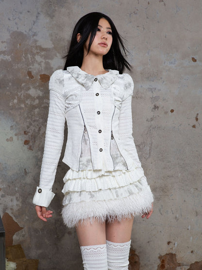 Punk with Fur White A-Line Trim Elastic Waist Tiered Skirt Faux