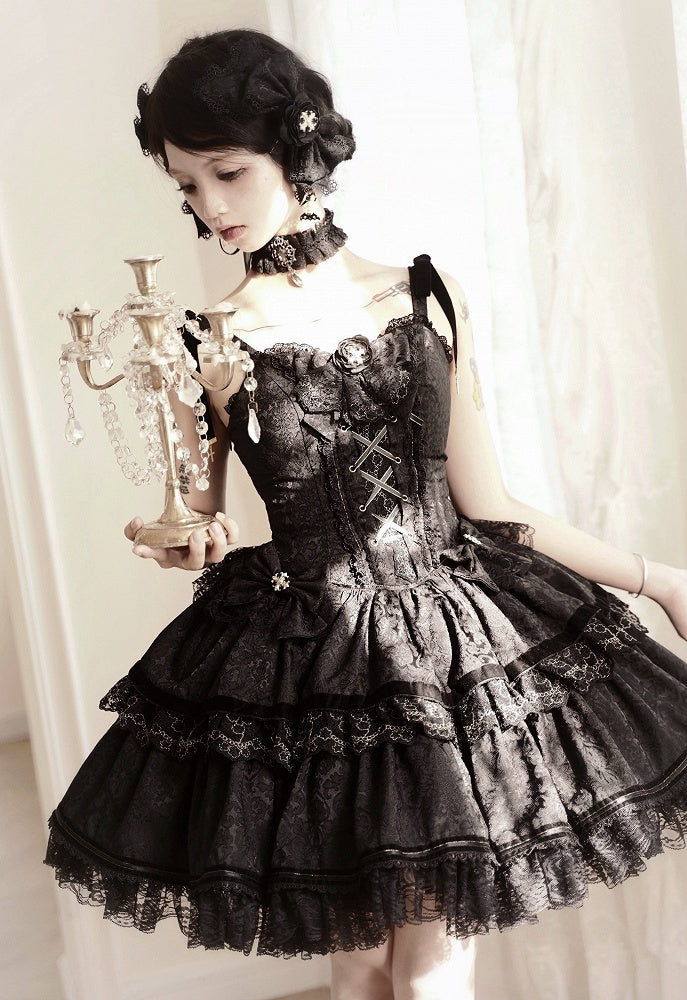 Kuro Lolita Natural Waist Princess Corset Jumper Skirt in Black, Size S - Golden Koi Forest