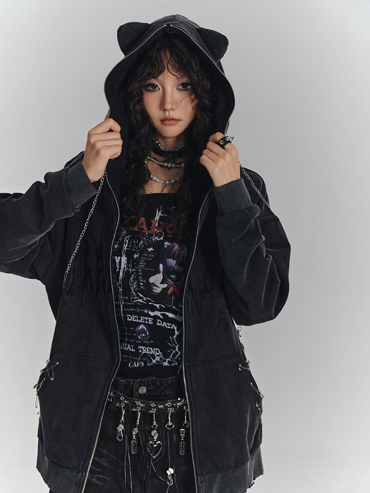 Pin Details Cat Embroidery Safety Punk Jacket Cross Hoodie Ear Black with