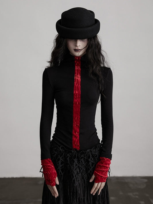 Urban Long-Sleeve Knit Black Design Red Top Goth Color-Block
