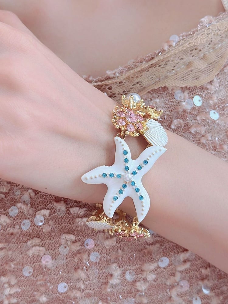 4 Shell Y2K Starfish Bracelet/Necklace Bittersweet Options Rhinestone Decorated And