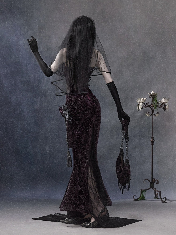Velvet Mermaid Slip Gown in Purple and Gray with Sequin Lace, Detachable Bow and Train - Blood Supply