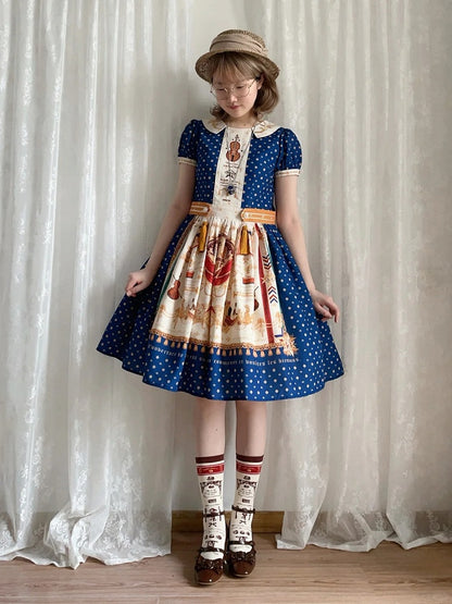 Short Dark Blue Musical Print Peter Pan Collar OP Dress with Tassels - Crucis Universal Tailor Company