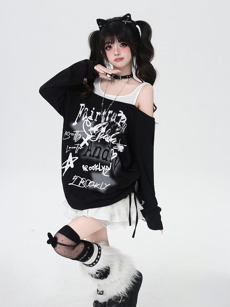 Star Y2K Print Open Shoulder Black/White Top Faux Two-pieces
