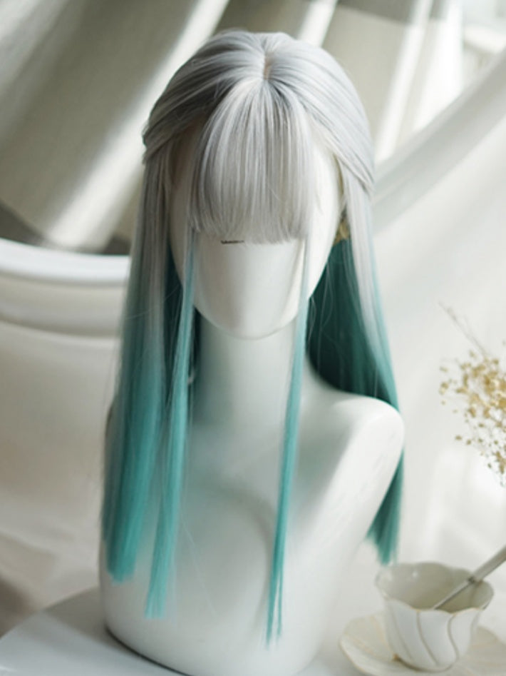 グレーグリーンのオンブレヘアカラー、バスト上の長さ、フルバングのストレートウィッグ