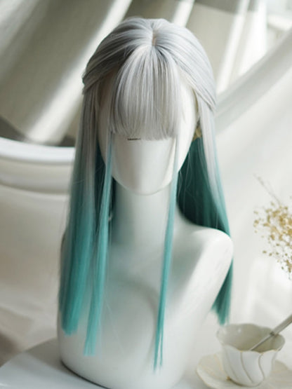 グレーグリーンのオンブレヘアカラー、バスト上の長さ、フルバングのストレートウィッグ