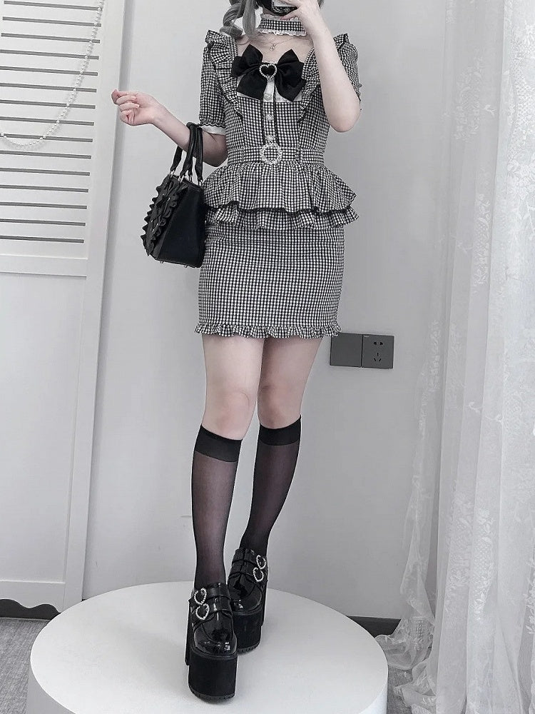Black Elegance Bodycon featuring Kei Jirai Dress: Defining Plaid Ruffles Ladylike Puff