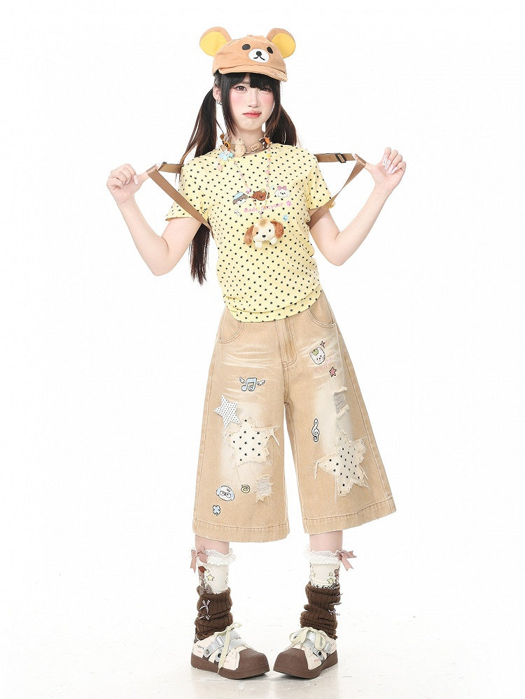 Apricot Distressed Wide-Leg Cropped Denim Pants with Puppy Embroidery & Star Patterns - Languid Park