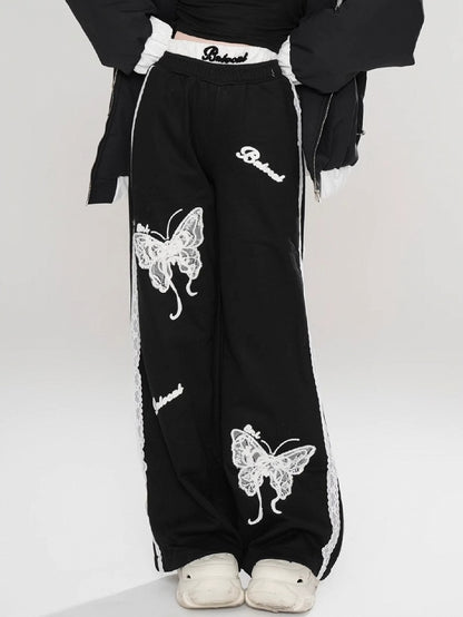 Schwarz/Rote Spitze Schmetterlinge Gerade Bein Schnitt Hose Spitze Trim